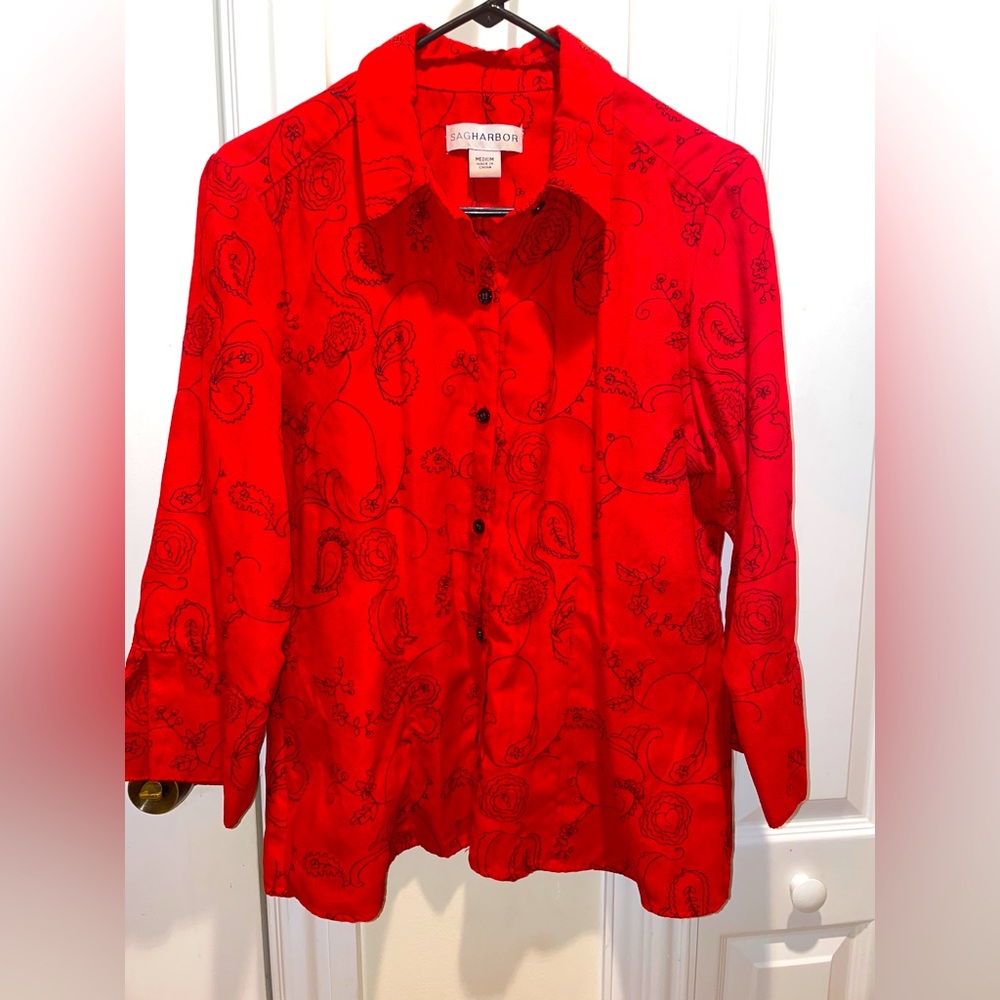 Sag Harbor Medium Women’s Button Down Beautiful Red for Christmas coming soon!